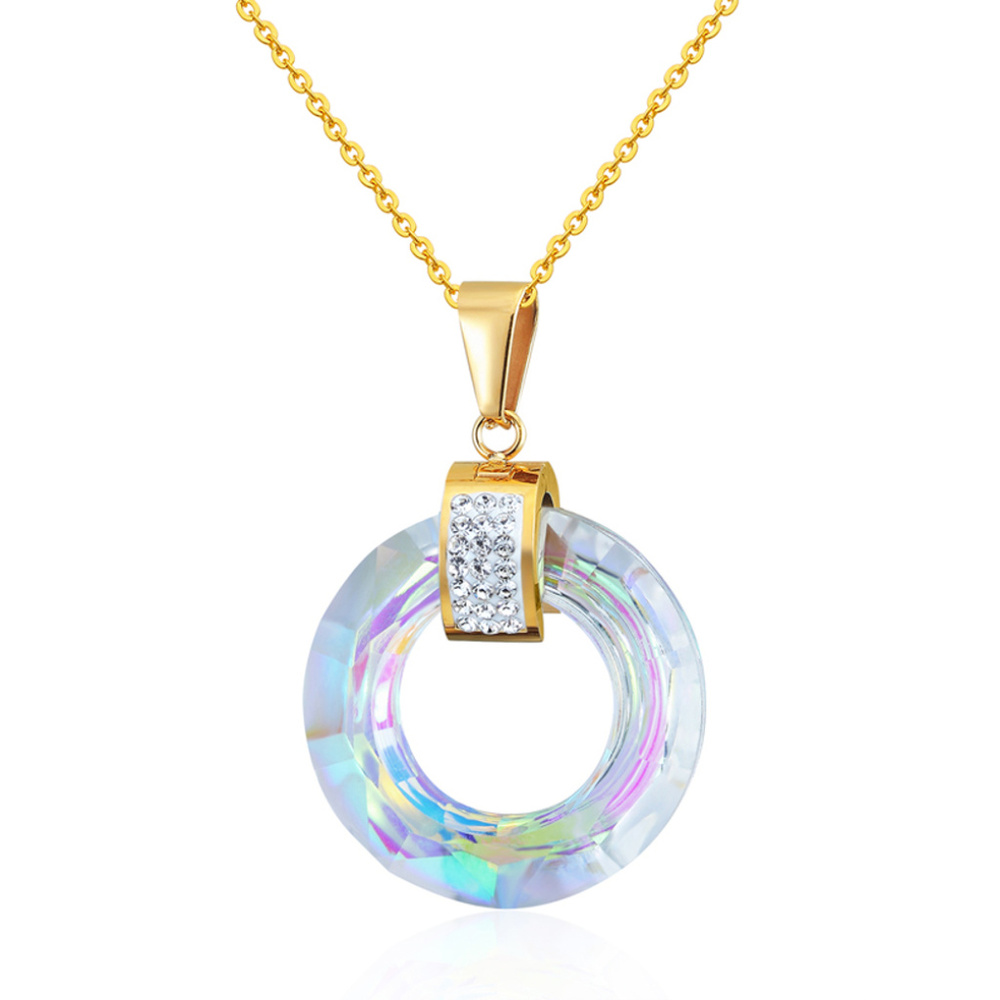 Crystal Stone Iridescen Circle Pendant Necklace